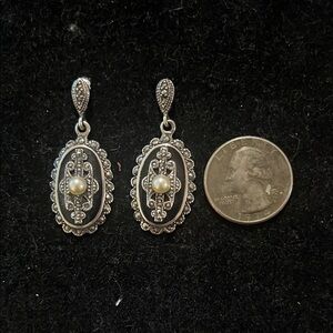 Elegant Silver and Pearl Marcasite and Onyx Drop Earrings